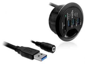 HUB USB 3.0 3-PORTOWY DO MONTAŻU W BLACIE BIURKA, ŚR. 60MM AKTYWNY Z ZASIL I CZYTNIKIEM SD DELOCK